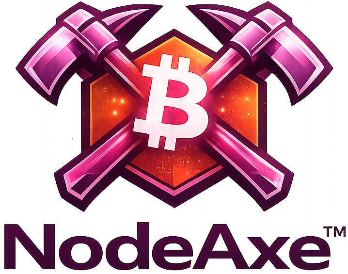 NodeAxe logo with Bitcoin and pickaxes small