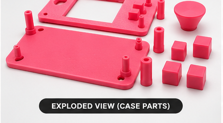 NodeAxe SeedSigner pink open-frame case parts, joystick cap and button caps.