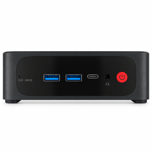 Reference mini PC front with two blue USB-A ports, USB-C, audio jack and red power button on white; edited prototype photograph