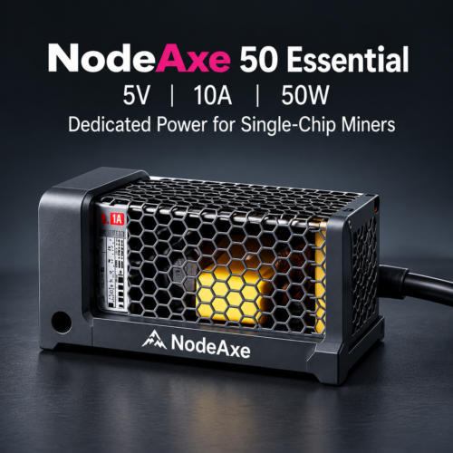 NodeAxe 50 Essential power supply in a black and gray NodeAxe honeycomb enclosure.