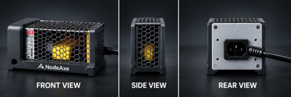 NodeAxe 50 Essential power enclosure shown from front, side and rear.