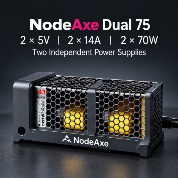 NodeAxe Dual 75 power supply in a black and gray NodeAxe honeycomb enclosure.