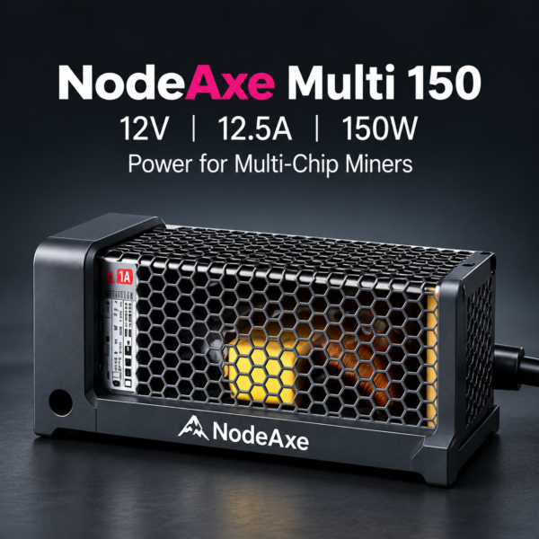 NodeAxe Multi 150 power supply in a black and gray NodeAxe honeycomb enclosure.